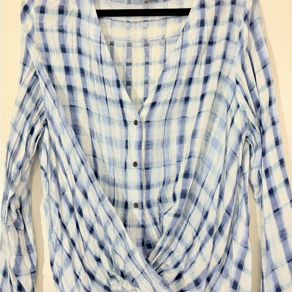a.n.a Blue and White Wrap Blouse with Mandarin Collar - Picture 2 of 5